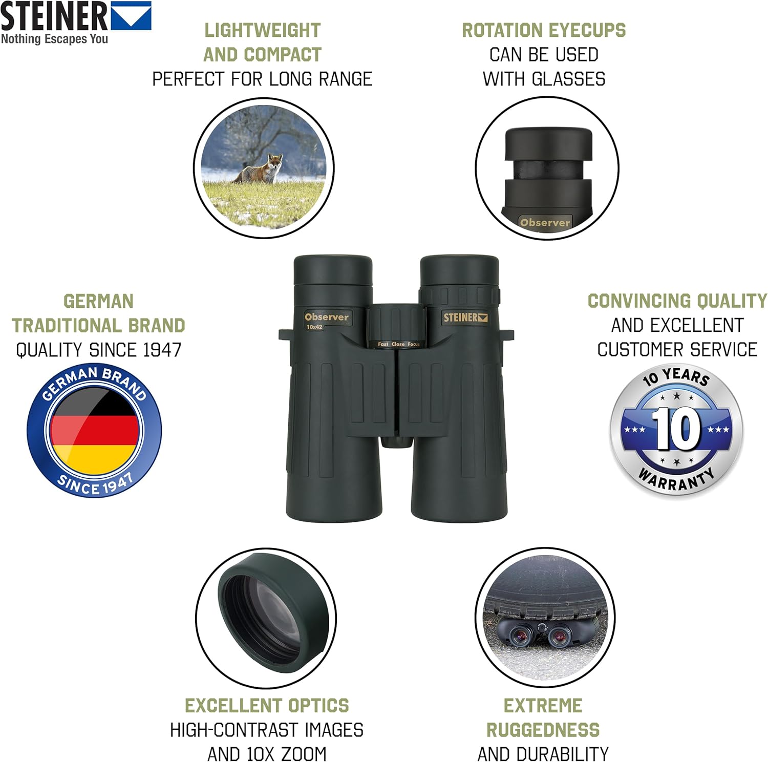 Jumelles de Chasse Observer 10x42 - Optique de qualité Allemande, Images Lumineuses et détaillées, grossissement élevé, Conception de Bord de Toit légère