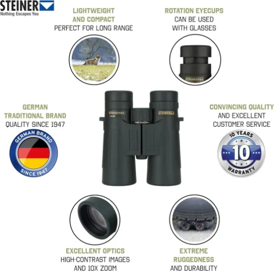 Jumelles de Chasse Observer 10x42 - Optique de qualité Allemande, Images Lumineuses et détaillées, grossissement élevé, Conception de Bord de Toit légère