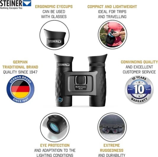 Jumelles BluHorizons 10x26 - Optique de qualité Allemande, réduit Les Reflets ou l'éblouissement de l'eau, du Sable ou de la Neige, compacte et légère