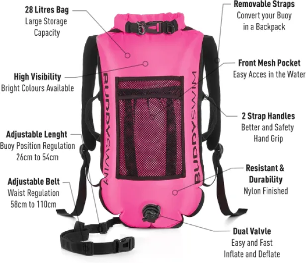 Sac à Dos pour Bouée de Natation en Eau Libre 28 L avec Sac Étanche à 100% et Coussin Dorsal détachable - Pochette Etanche pour la Natation, Légère, Durable et Facile à Plier - Taille unique Rose
