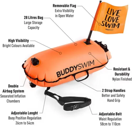 Bouée pour Nage en Eau Libre de 28 litres avec Sac Intérieur 100% Étanche Téléphone et Drapeau Amovible pour Plus de Visibilité.Résistante, Légère et Facile à Plier