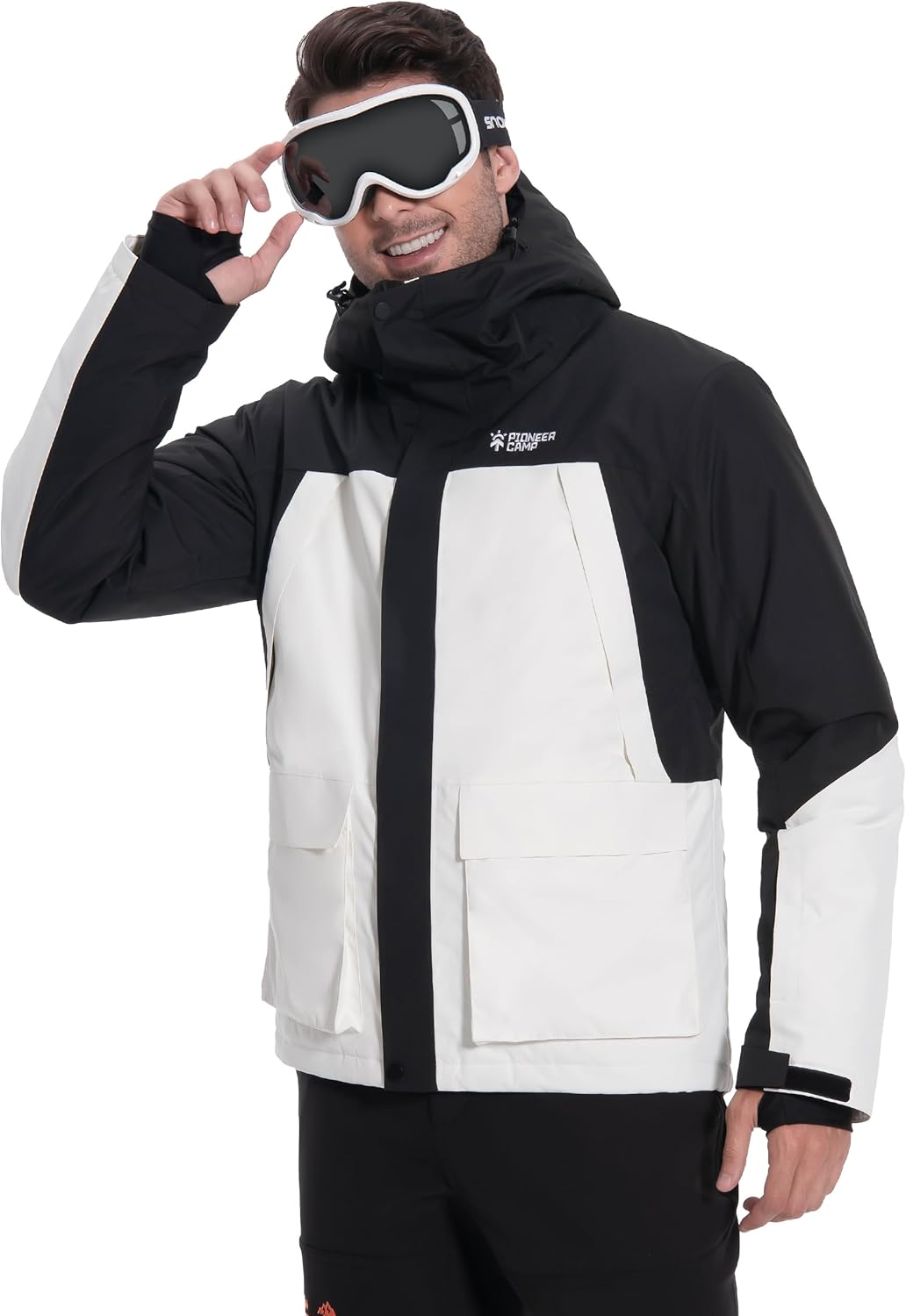 Homme Veste de Ski et Réflecteurs RECCO® Imperméable Snowboard avec Multi-Poches, Capuche Noir Blanc XL