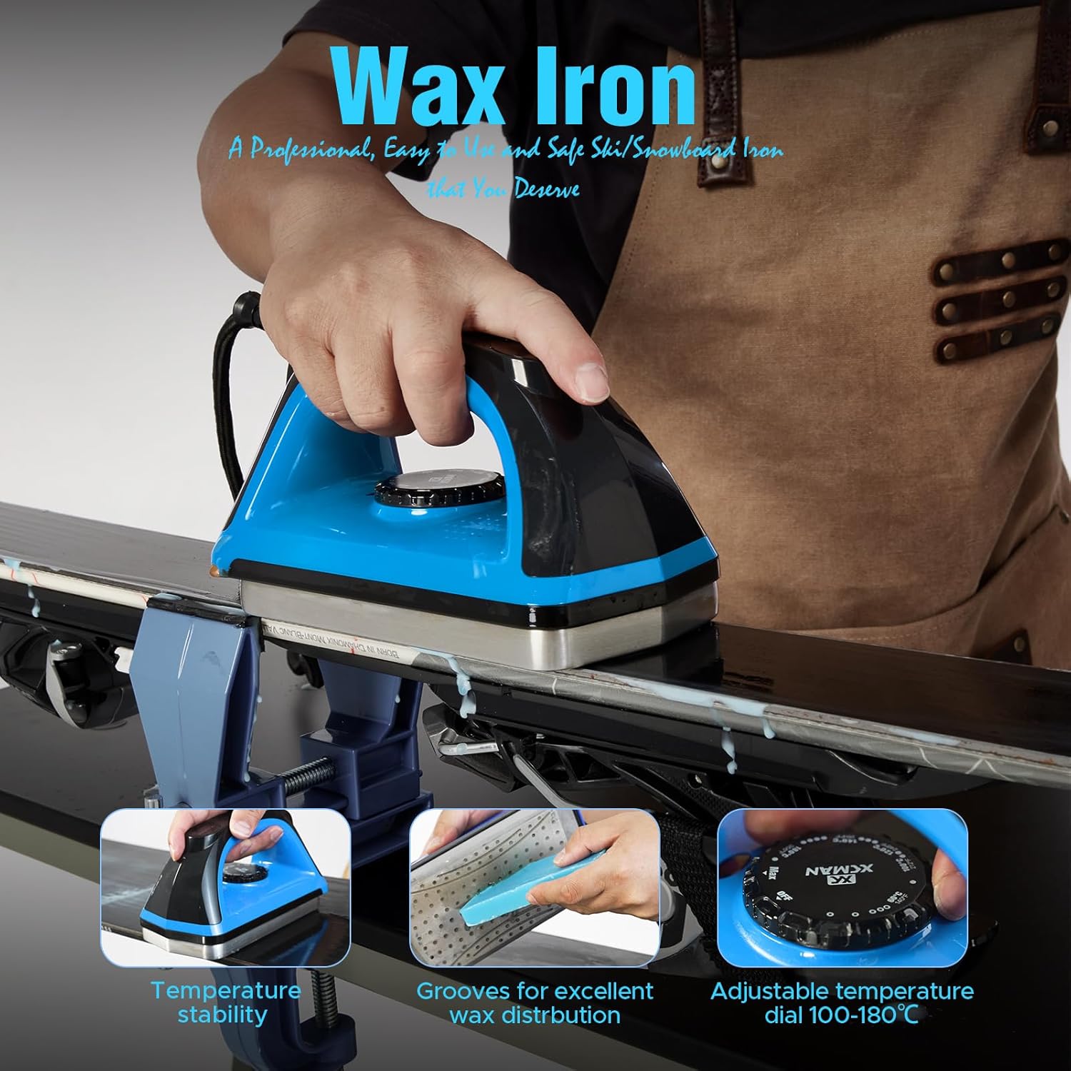 Kit complet XCMAN pour réglage et fartage de ski et snowboard avec fer à cirer, cire pour ski, régleur de bord latéral, réparation de base Ptex, pierre gommeuse, pierres diamantées pour le réglage des