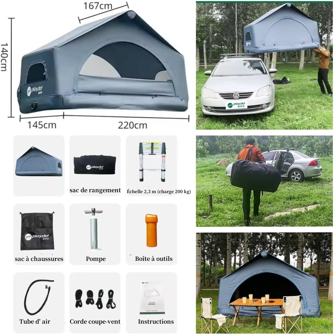 TentHome Tente de Toit pour Voiture 2-3 Personnes Gonflable, Tente de Toit de Camping 2-3 Places pour Fourgon, Van, Pick Up, SUV et Plus Encore Bleu grisâtre