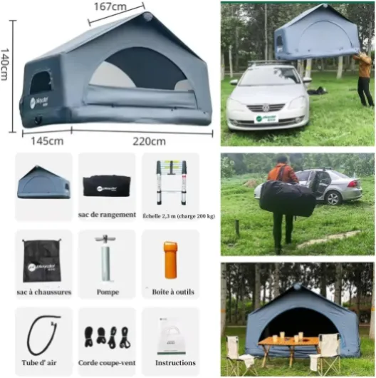 TentHome Tente de Toit pour Voiture 2-3 Personnes Gonflable, Tente de Toit de Camping 2-3 Places pour Fourgon, Van, Pick Up, SUV et Plus Encore Bleu grisâtre