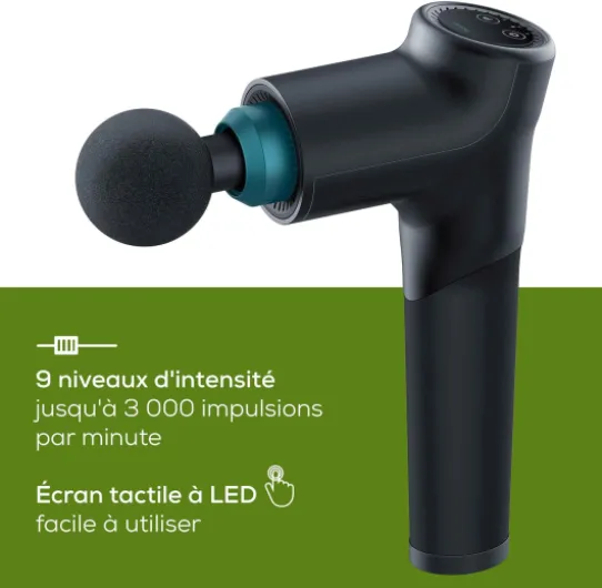 MG 185 Pistolet de massage avec 5 têtes de massages, massage des points gâchettes, relâchement des tensions, appareil de massage musculaire avec 9 niveaux d'intensité, avec accu Édition Pro