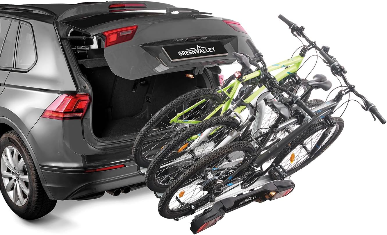 Green Valley 160668 Porte-Vélos Plateforme sur Attelage Voiture Tilting – 3 Vélos Classiques (2 Électriques VAE Max) – Pliable, Inclinable & Sécurisé - 60kg Tilting 3 vélos