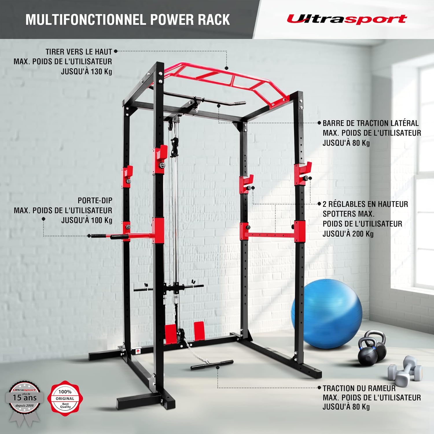 Mixte Banc de Musculation/Cage à Squats en Acier Massif, avec 2 Barres de Sécurité, Barre de Traction, Barre de Dips, Rameur - Noir/Rouge, 145.5 x 141 x 213.5 cm Multifonctionnel Power Rack Red