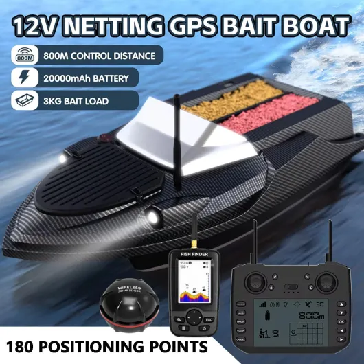Bateau Amorceur Pêche Carpe RC avec Sondeur & GPS BeiDou, Bateau Télécommandé, 180 Points GPS, Portée 800 m, Largage Appâts 3 kg, Coque ABS, LED Nuit – Lac & Rivière