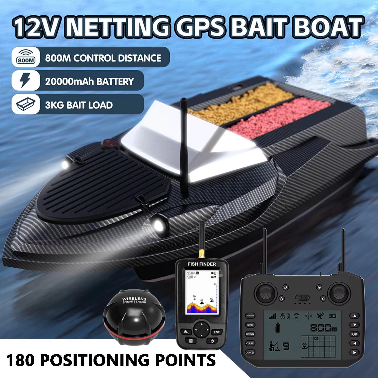 Bateau Amorceur Pêche Carpe RC avec Sondeur & GPS, 180 Points GPS, Portée 800 m, Double Réservoir Appâts 3 kg, Retour Automatique, Dépose Hameçon & Filet, Noir