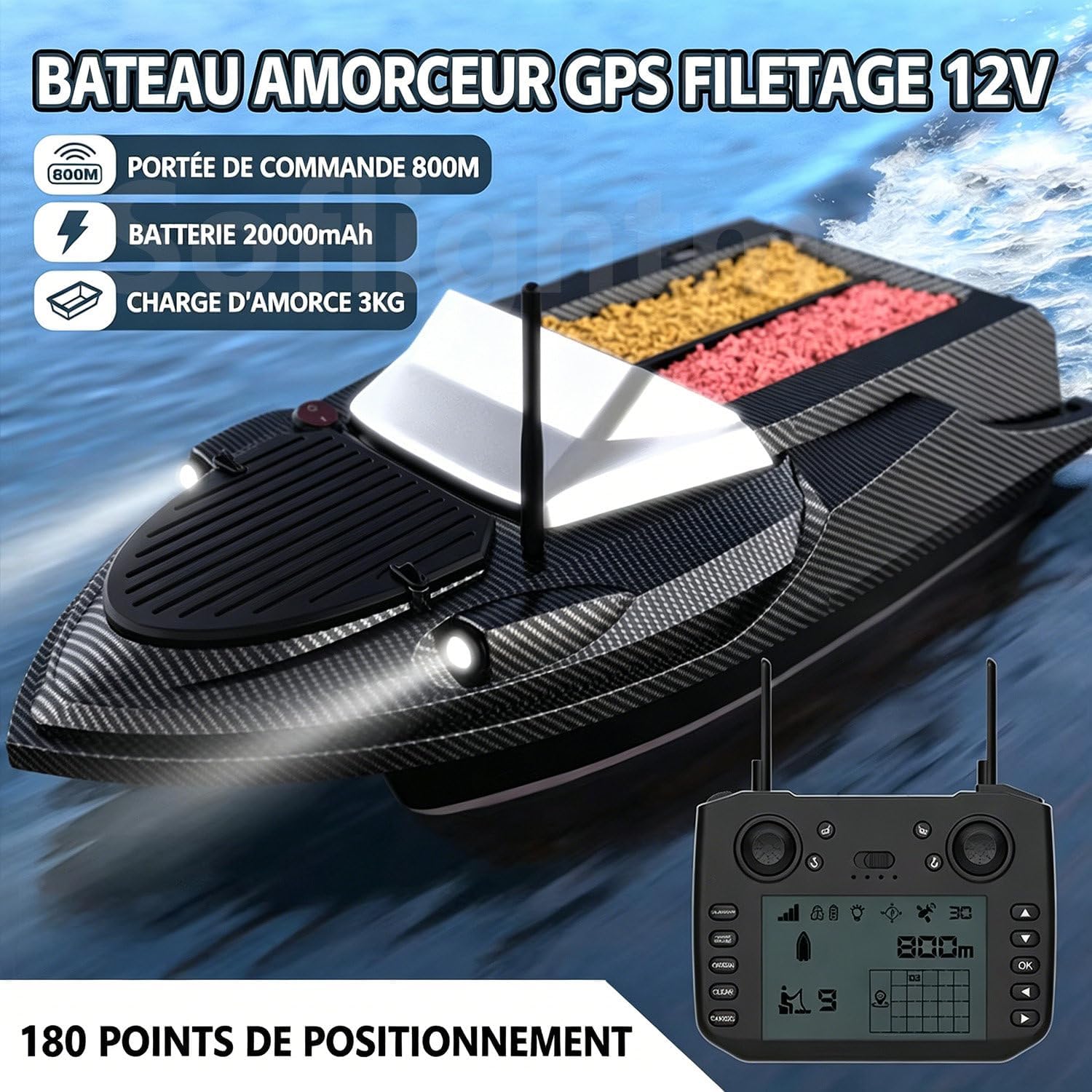Bateau amorceur GPS echosondeur avec sondeur de pêche + Dual GPS BeiDou, 800 m portée,180 waypoints,largage 3 kg,livraison appâts,pose hameçon,traction filet,kit complet performant pour la pêche