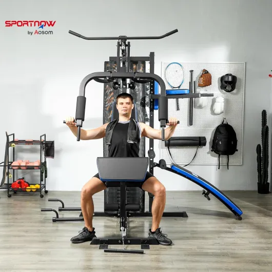 Station de Musculation Multifonction Ajustable - Collaboration Aosom.FR x FFHandball - Banc Fitness 10 contrepoids 65 kg avec Filet de Protection Appareil de Musculation à Domicile Noir et Bleu