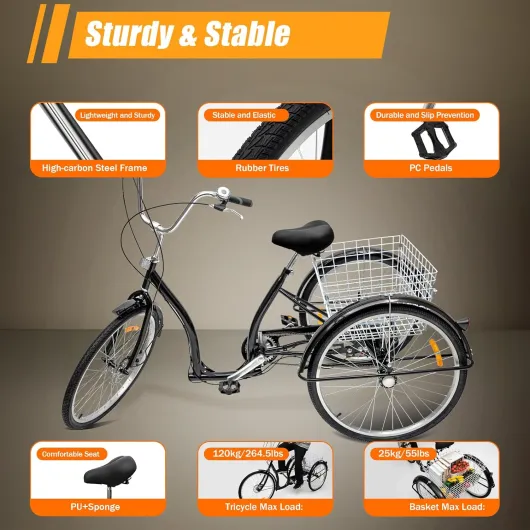 Tricycle pour adulte - 26" - 6 vitesses - Avec siège et panier et 3 roues - Charge maximale : 120 kg - Vélo cargo à 3 roues - Noir