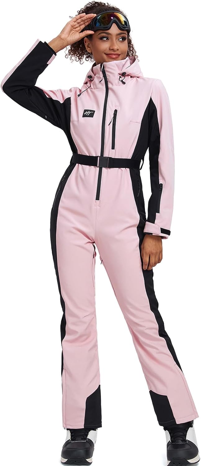 HOTIAN Combinaison de ski pour femme - Une pièce - Pour l'hiver - Chaude - Neige - Coupe-vent - Imperméable - Pour l'extérieur - Avec capuche - Combinaison de neige épaisse L Rose