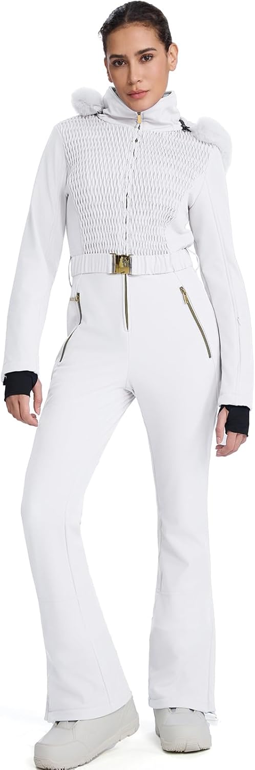 HOTIAN Combinaison de ski une pièce pour femme - Imperméable - Coupe-vent - Pour l'hiver - Chaude - Avec capuche M Blanc.