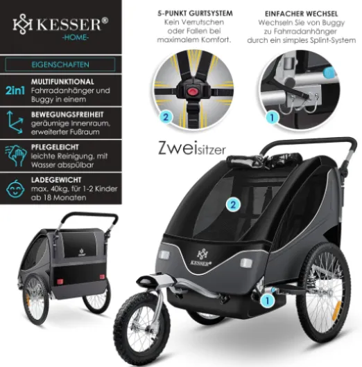 KESSER® Remorque de vélo pour Enfant - Rotation à 360° - avec Suspension 2 en 1 - Fonction Jogger - Remorque de vélo pour Enfant - Sangle à 5 Points - pour 1 à 2 Enfants - 40 kg Noir / Anthracite