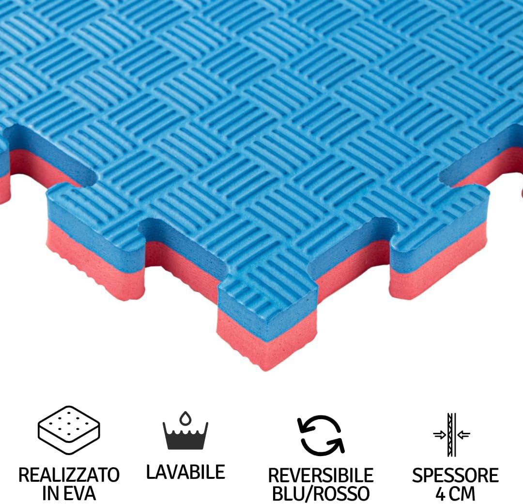 Tapis de gym Tatami – Tapis Puzzle 4 Pack 100 x 100 x 4 cm – Tapis de gym en Eva – Tapis Fitnes – Sol anti-traumatisme (rouge/bleu)