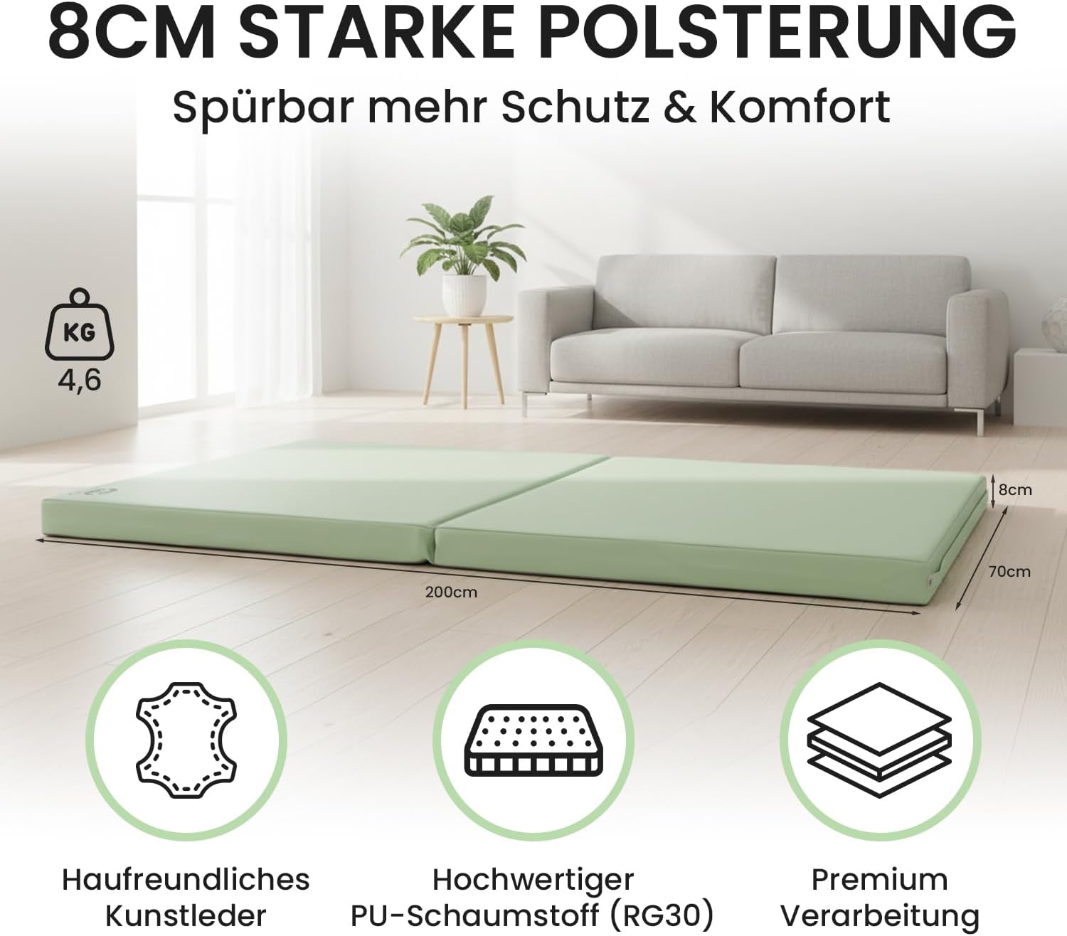 Jeflex Tapis de sol souple pliable et tapis de gymnastique pliable en 1 fois - 200 x 70 x 8 cm - Fabriqué en Allemagne - Tapis de gymnastique portable - Tapis de fitness et de jeu peu encombrant pour vert gris