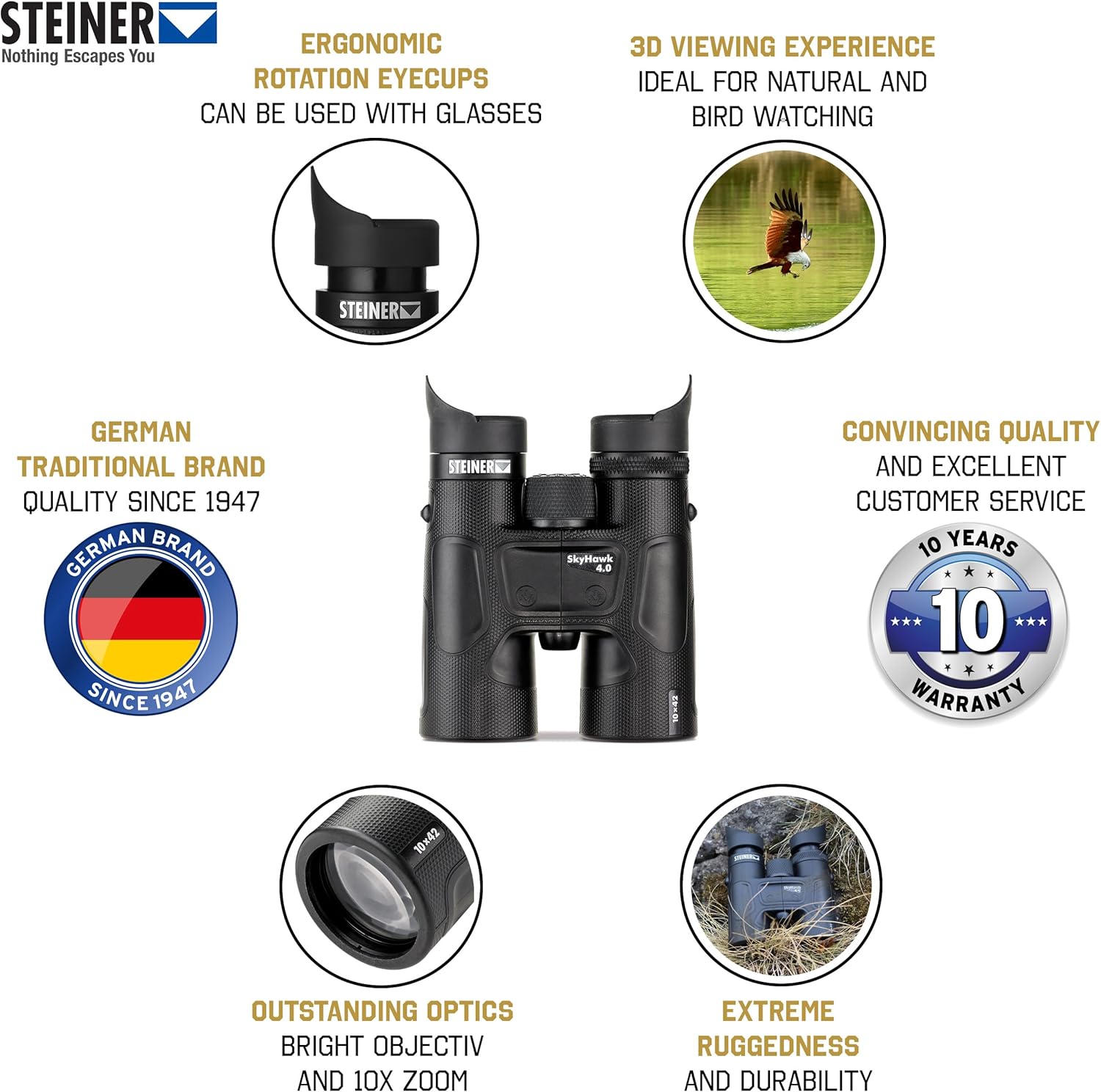 Jumelles Skyhawk 4.0 10x42 - Optique de qualité Allemande, expériences de visionnement 3D nettes, Robustes, parfaites pour l'observation de la Nature, des Animaux et des Oiseaux 10x42 Unique