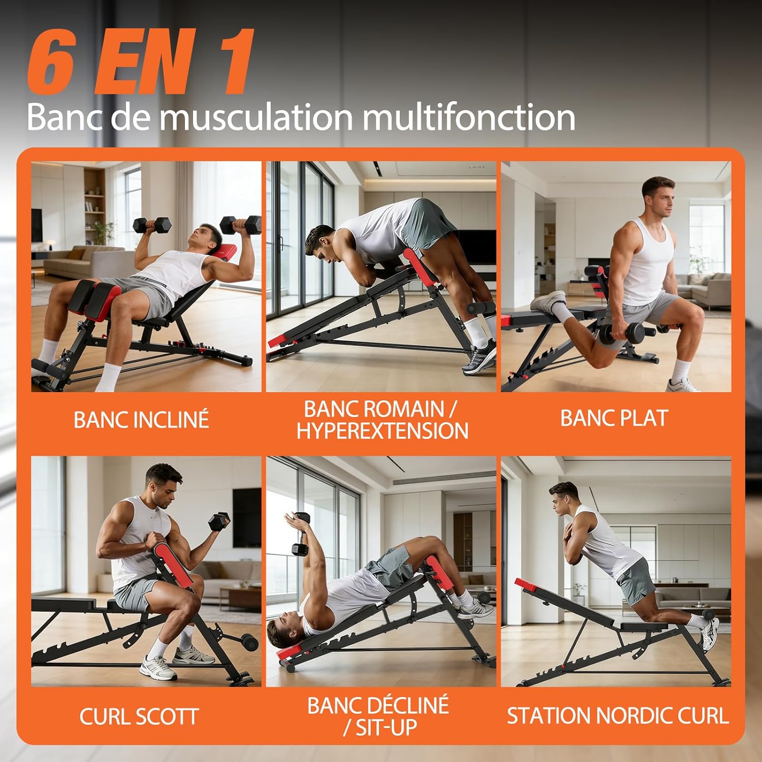 2026 Premium Banc de musculation 6-en-1 réglable 350 kg avec hyperextension - Banc incliné pour développé couché - Multifonction maison/home gym