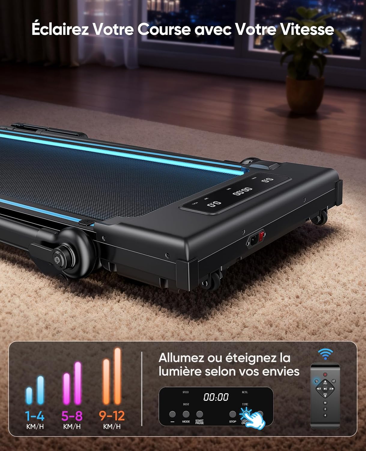 Tapis de Course Pliable Inclinable 12%, 6 en 1 Tapis de Marche avec Table Amovible, Max 12 km/h, 3.0HP, Poignée Télescopique de 15 cm et Courroie Lumineuse RGB, Charge Max 150 kg Black / Blue
