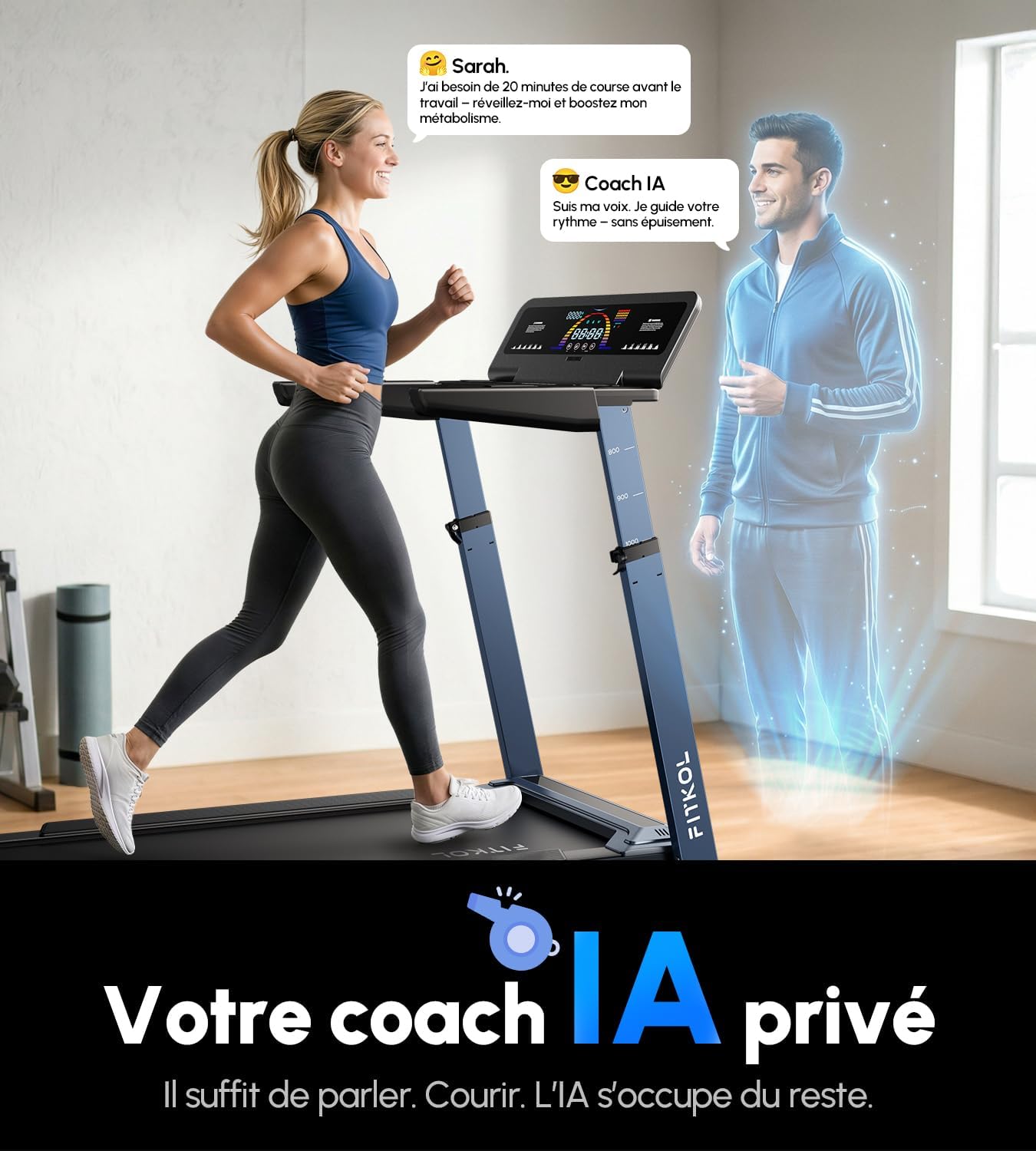 Tapis de Course Adaptatif IA – Réglage Automatique Vitesse et Inclinaison,Contrôle Intelligent Fréquence Cardiaque, Coach de Course IA en Temps Réel, Moteur 5,0HP BOS CH, Max 200KG Blue
