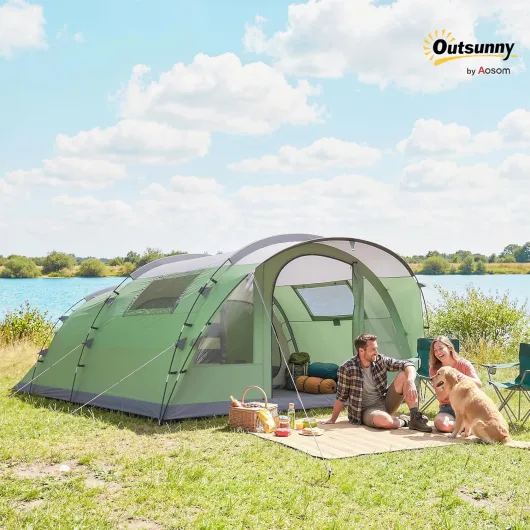 Outsunny Tente de Camping pour 5 Personnes, Tente Tunnel familiale légère ventilée étanche 3 000 mm Montage Facile, 4 fenêtres et Porche, Sac de Transport, pour randonnée Trekking pêche, Vert