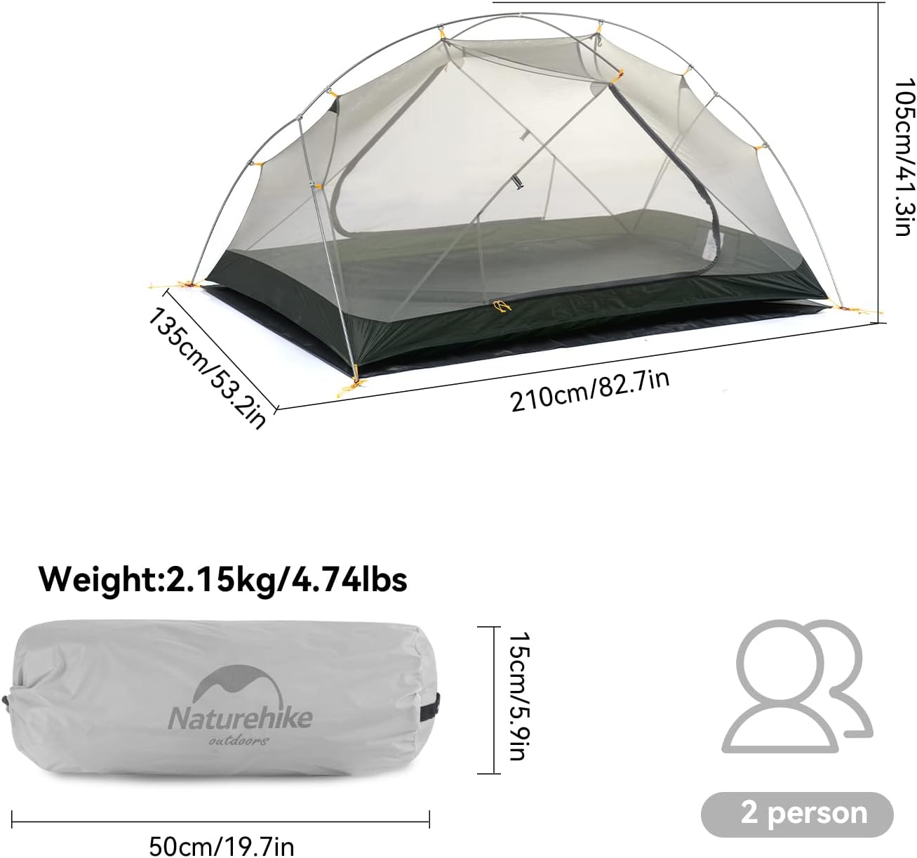 Naturehike Mongar Tente de Camping Double Ultralégère en Silicone 20D pour 2 Personnes Gris 20D