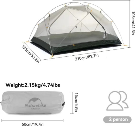 Naturehike Mongar Tente de Camping Double Ultralégère en Silicone 20D pour 2 Personnes Gris 20D