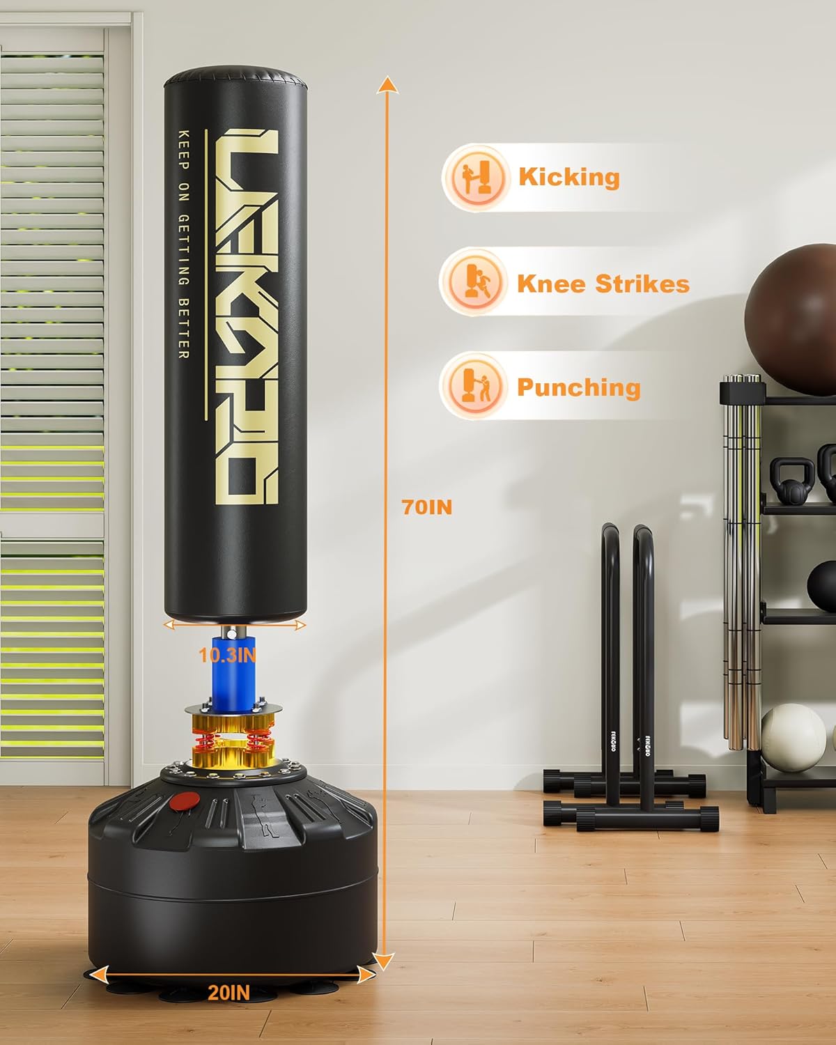 LEKÄRO Free Standing Punch Bag with Boxing Gloves, Heavy Boxing Bag with Stand for Adult Teens, Kickboxing Bag for MMA Muay Thai Fitness Gold Black