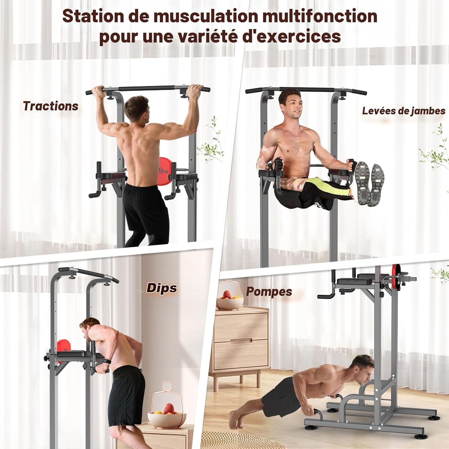 Chaise Romaine Musculation Power Tower Barre Traction Dips Entraînement Fitness Multifonction Domicile Pull Ups (Gris) Gris-1