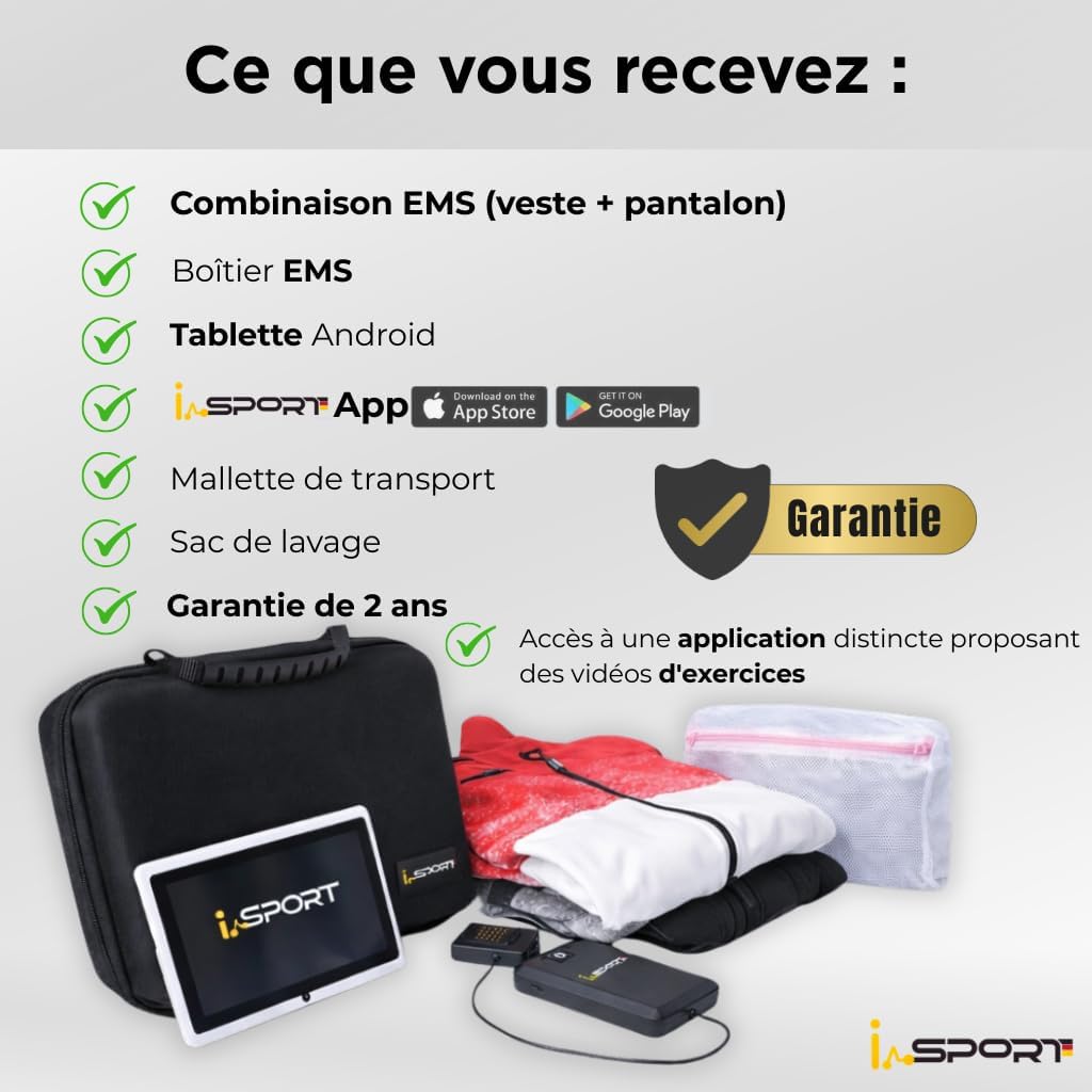 Système EMS complet premium certifié pour la maison -première mondiale avec 32 électrodes seches –tablette -application de commande - vidéos d’entraînement -nouvelle matière - 5 programmes + mode VIP