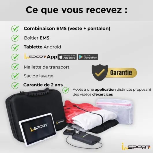 Système EMS complet premium certifié pour la maison -première mondiale avec 32 électrodes seches –tablette -application de commande - vidéos d’entraînement -nouvelle matière - 5 programmes + mode VIP