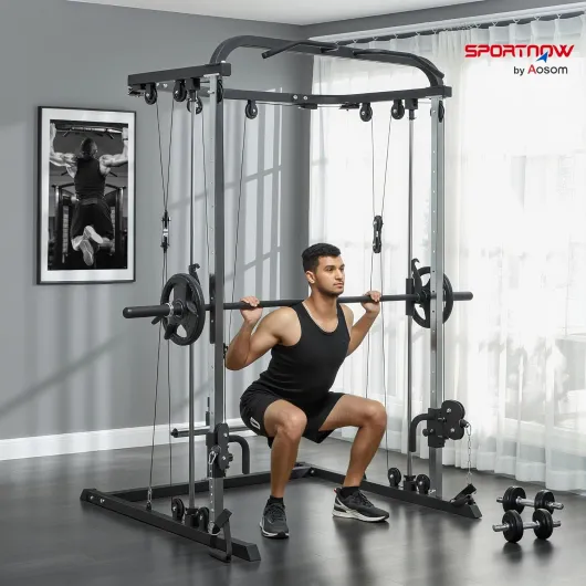 Station de Musculation, Station de Traction à câble Cross-Over, avec Support à Squat, Barre, hauteurs réglables Structure Acier, pour entraînement à Domicile, Noir