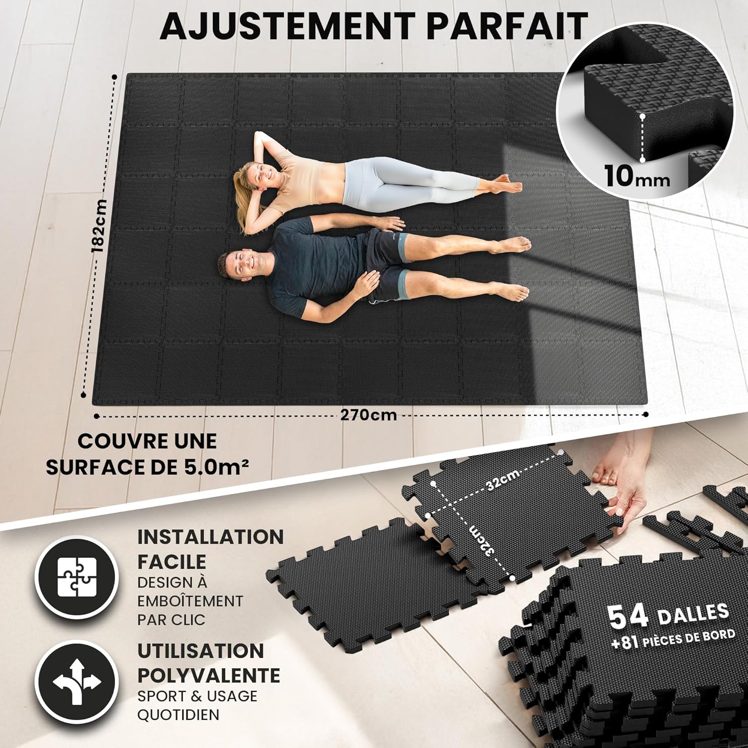 Tapis de Fitness Protection de Sol Salle de Sport - Dalles en Mousse sans BPA + Bordures - Matelas Puzzle Tatami EVA Caoutchouc pour Matériel Gym Banc de Musculation Course Garage Piscine Isolation Anthracite - 54 Tapis - 5 M² 32L x 32l x 1Ép cm