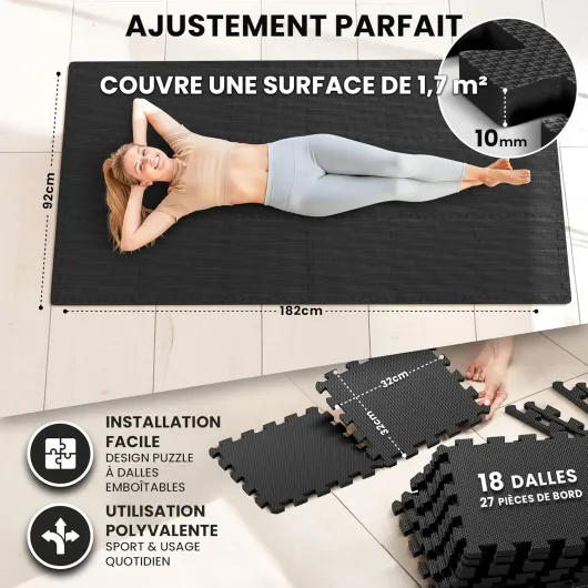 Tapis de Fitness Protection de Sol Salle de Sport - Dalles en Mousse sans BPA + Bordures - Matelas Puzzle Tatami EVA Caoutchouc pour Matériel Gym Banc de Musculation Course Garage Piscine Isolation Anthracite - 18 Tapis - 1,67 M² 32L x 32l x 1Ép cm