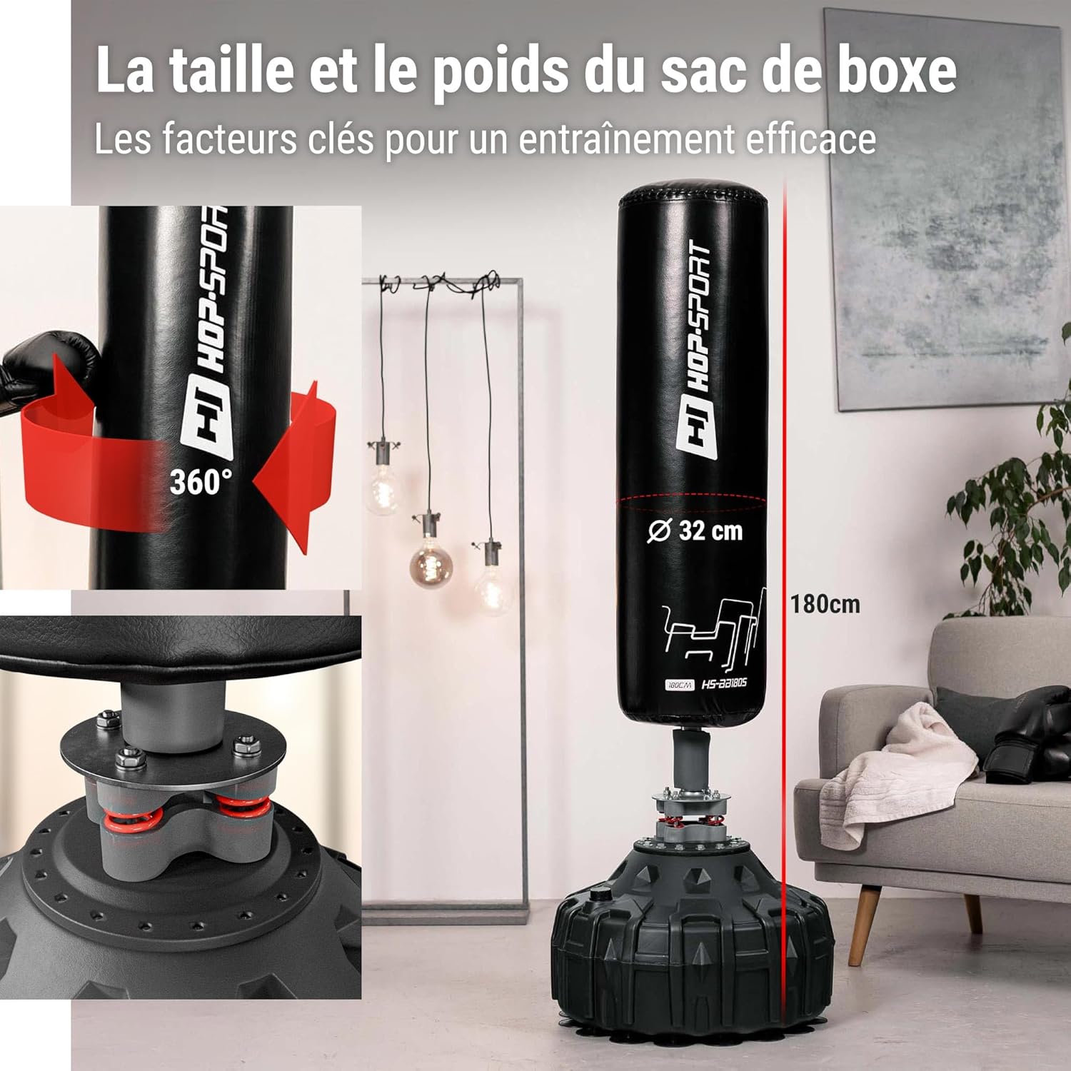 HOP-SPORT® Sac de Frappe sur Pied 180 cm x 32 cm HS-BB180S, Sac de Boxe autoportant pour Adulte équipé de 25 ventouses, Lourd Robuste et Stable en Cuir PU de Haute qualité