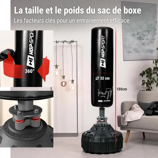 HOP-SPORT® Sac de Frappe sur Pied 180 cm x 32 cm HS-BB180S, Sac de Boxe autoportant pour Adulte équipé de 25 ventouses, Lourd Robuste et Stable en Cuir PU de Haute qualité