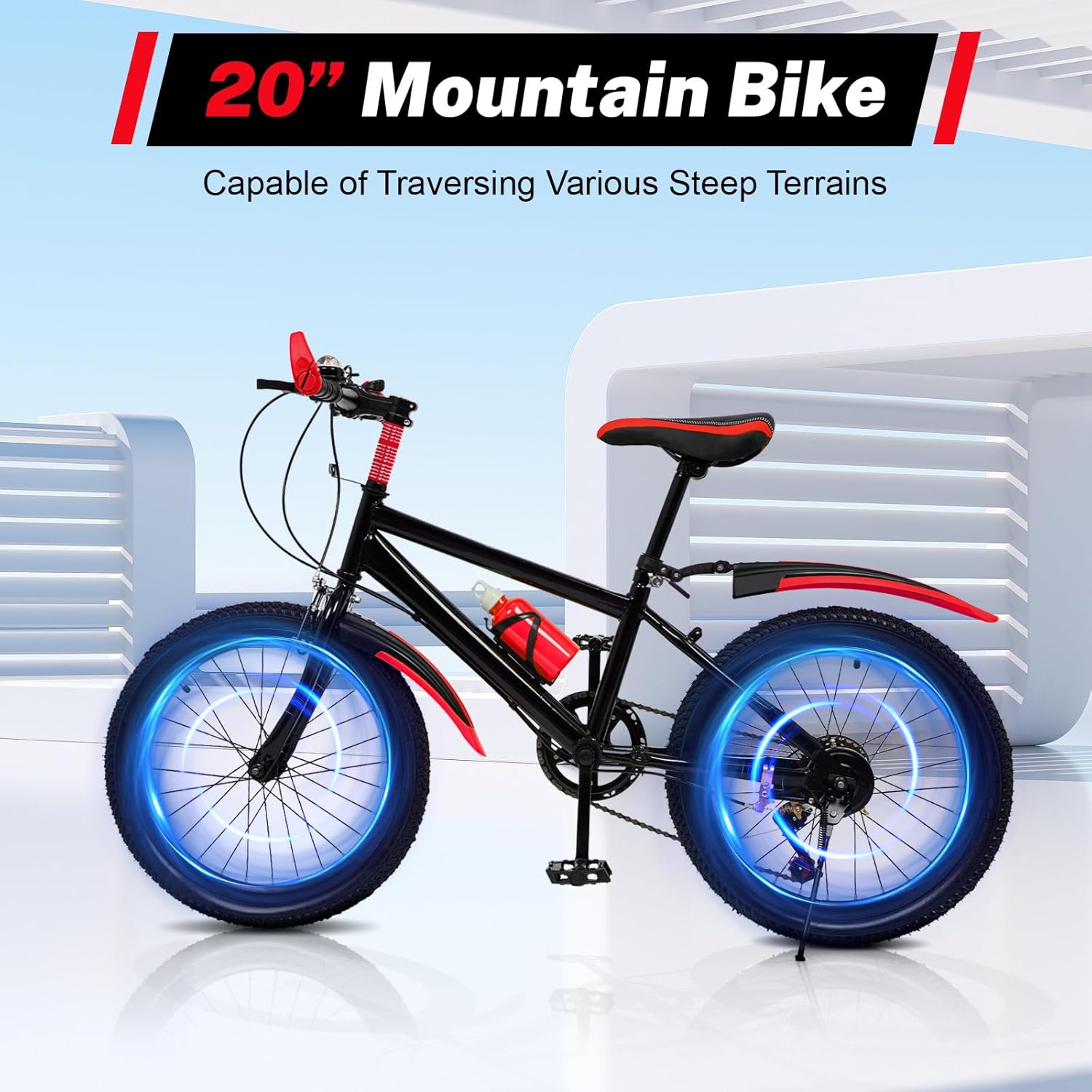 Vélo Montagne, Vélo 7 Vitesses, Vélo Tout Terrain, Cadre Acier, Siège Réglable, Frein Avant Et Arrière, Pneus Antidérapants, Accessoires Inclus, Noir Rouge, 20 Pouces, Randonnée, Plein Air