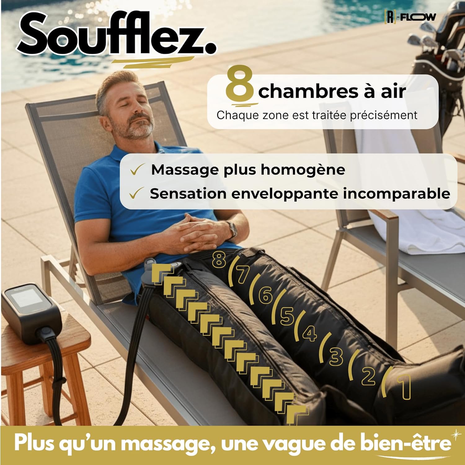[R]-FLOW Bottes de Pressothérapie 8 Zones-6 Modes Uniques Conçus en France-Drainage Lymphatique-Jambes Lourdes-Relaxation-Massage Pieds-Pressothérapie Jambes-Garantie 3 Ans-Idée Cadeau Fête des Pères 2 (1,67m-1,87m)