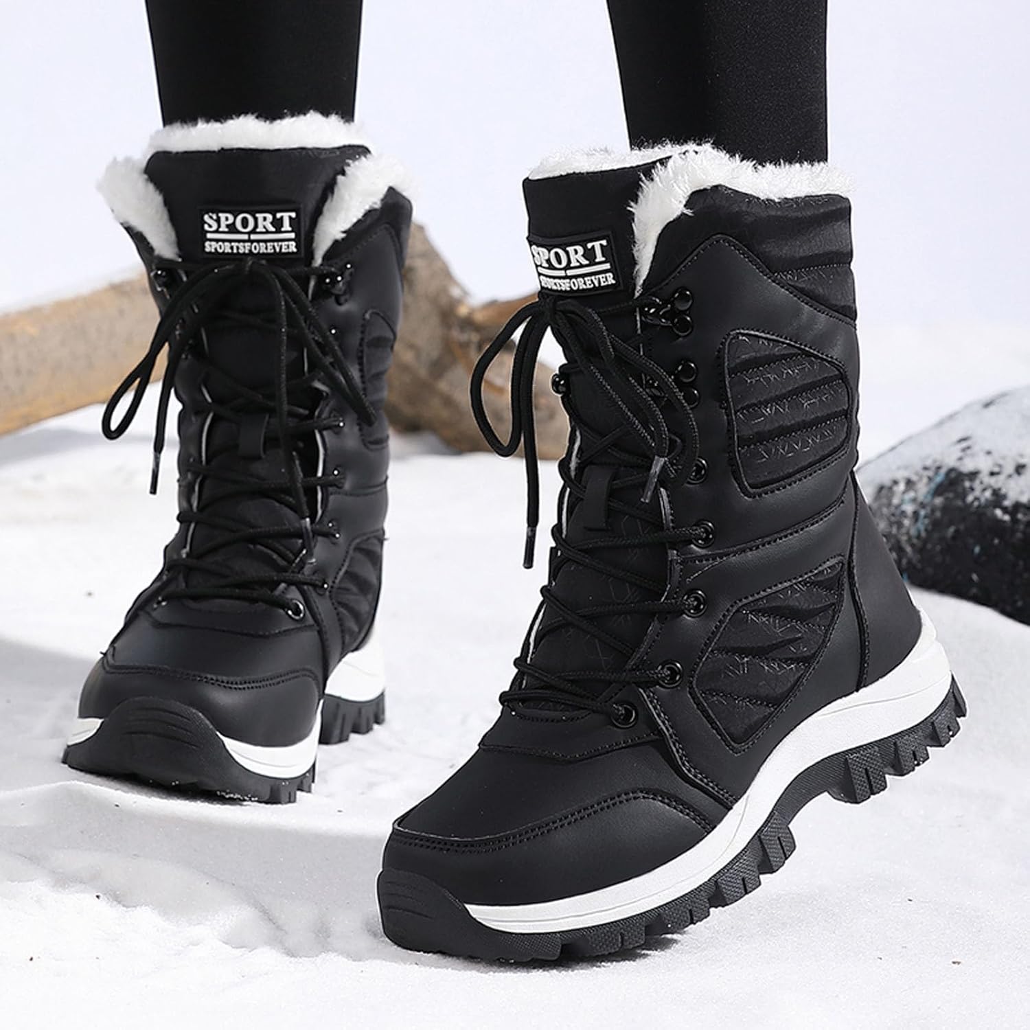 Bottes de neige d'hiver imperméables légères doublées en fausse fourrure pour femme, bottes mi-mollet antidérapantes, chaussures de randonnée et de ski 40 EU Noir