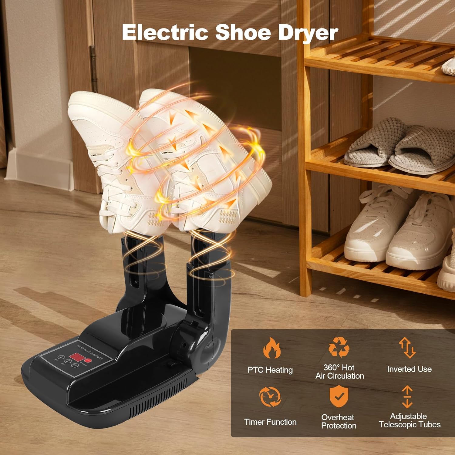 Sèche-Chaussures Électrique avec Minuterie et Support Télescopique, Séchage Rapide 42°C, Élimine Odeurs et Bactéries pour Chaussures, Bottes, Gants, Casques, Idéal Randonnée, Ski et Famille