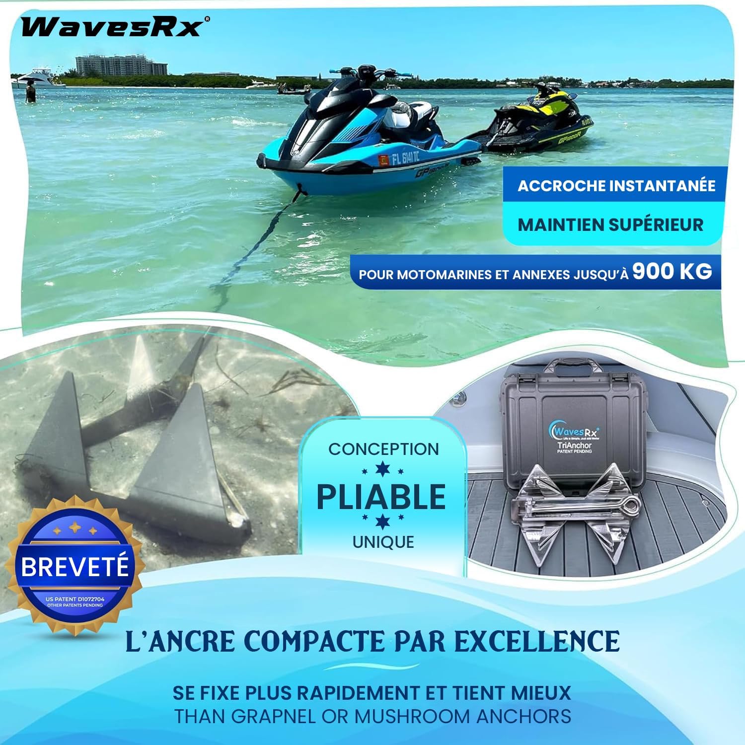 TriAnchor - Kit d'ancrage Pliable en Acier Inoxydable pour motomarines et Bateaux - Fixation instantanée pour Un ancrage sans Effort pour Bateaux et Jet-Skis Ancre 2,3 kg (5 lb)