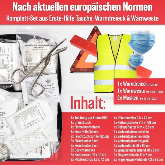 HELDENWERK Kit de premiers secours 3 en 1 pour voiture 2026 utilisable et testé dans toute l'Europe (conforme à la StVO) I Sac combiné de voiture avec gilet de sécurité, triangle de signalisation et