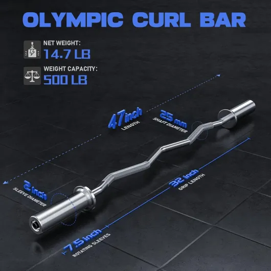 Olympic EZ Curl Barre d'haltère bouclée de 119,4 cm pour haltérophilie, poussées de hanches, squats, biceps, gym à domicile, barre de bouclagechromée avec 2 colliers à ressort pour disques de poids Sliver-228kg
