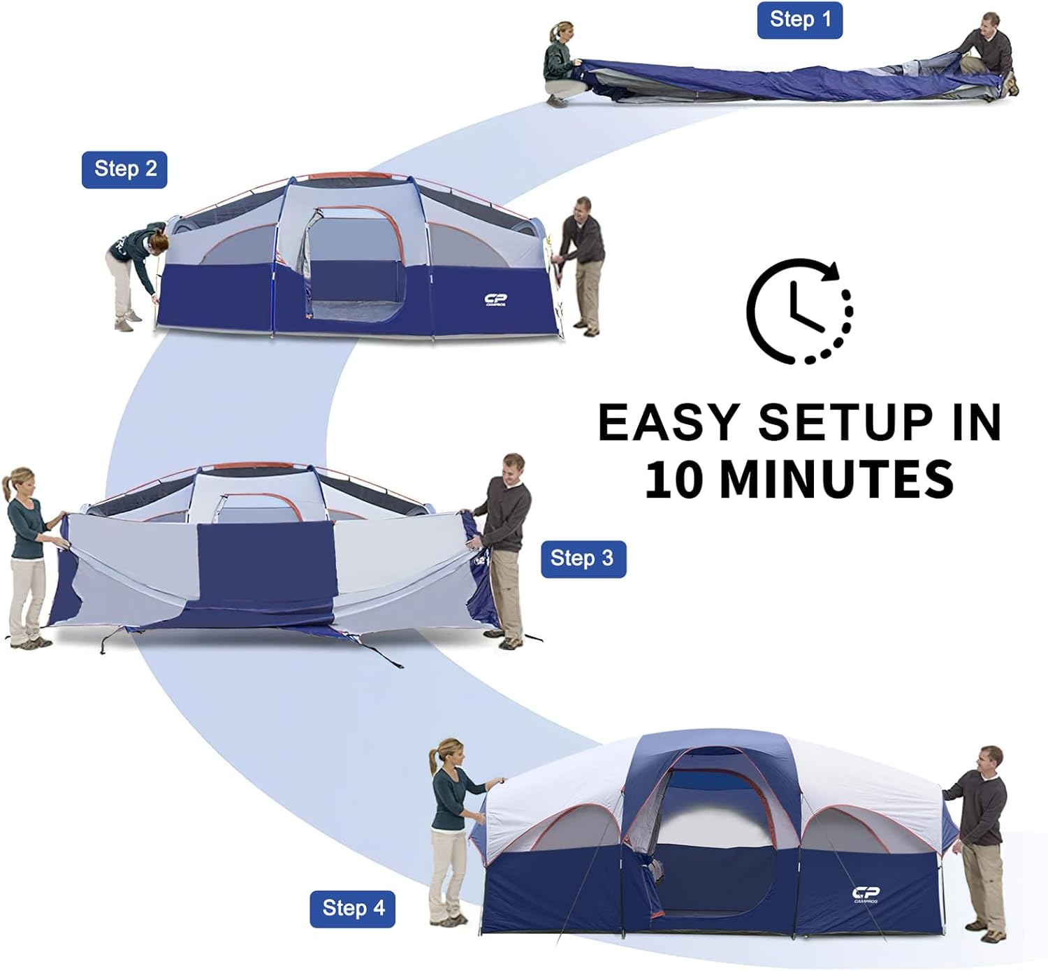CAMPROS CP Tente de Camping 6-8 Personnes, Grande Tente Familiale 427 x 274 x 183 cm, 2 Chambres avec Séparateur, Hauteur Confortable, Montage Rapide en 5 Minutes, Ventilée, Camping Famille Bleu marine