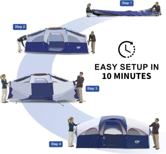 CAMPROS CP Tente de Camping 6-8 Personnes, Grande Tente Familiale 427 x 274 x 183 cm, 2 Chambres avec Séparateur, Hauteur Confortable, Montage Rapide en 5 Minutes, Ventilée, Camping Famille Bleu marine