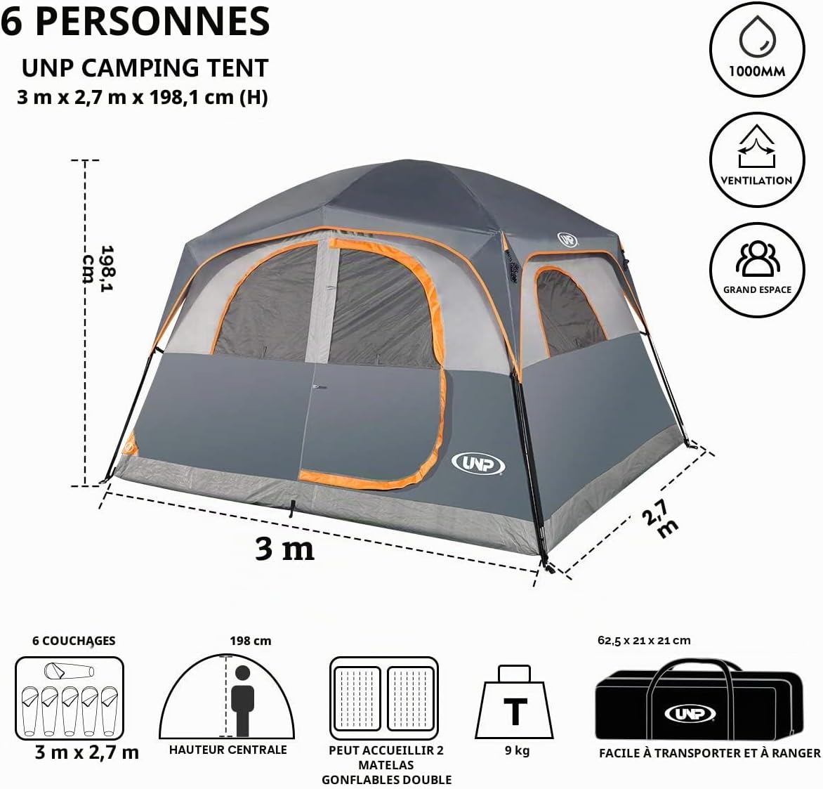 UNP Tentes pour 6 Personnes, imperméable, Coupe-Vent, Installation Facile, Tente de Camping familiale Double Couche - 3 x 2,7 x 2 m (H) Gris