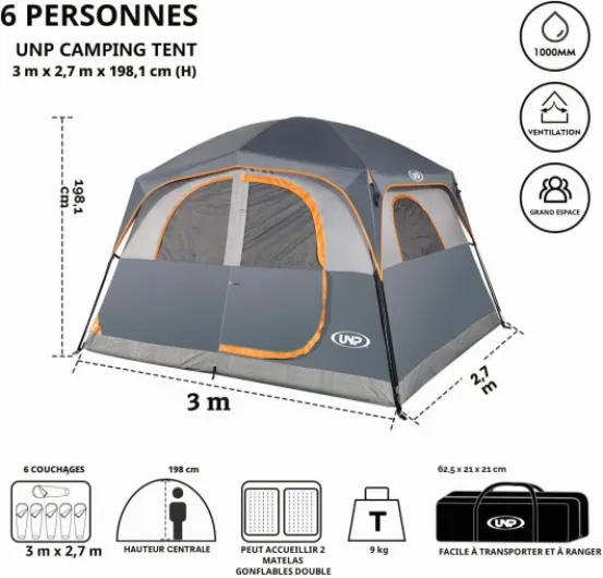 UNP Tentes pour 6 Personnes, imperméable, Coupe-Vent, Installation Facile, Tente de Camping familiale Double Couche - 3 x 2,7 x 2 m (H) Gris