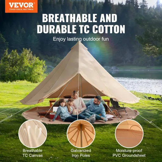 Tente Cloche en Toile Tente de Yourte 4 Saisons Tente de Camping Familial avec Trou de Poêle à Bois, Sacs de Rangement pour Glamping, Groupes en Plein Air, Fête, Chasse 4m